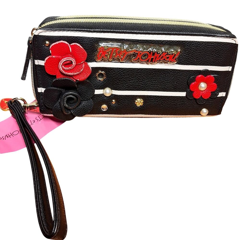 Betsey Johnson NEW zip around wristlet wallet faux leather w roses striped bling - Picture 2 of 13